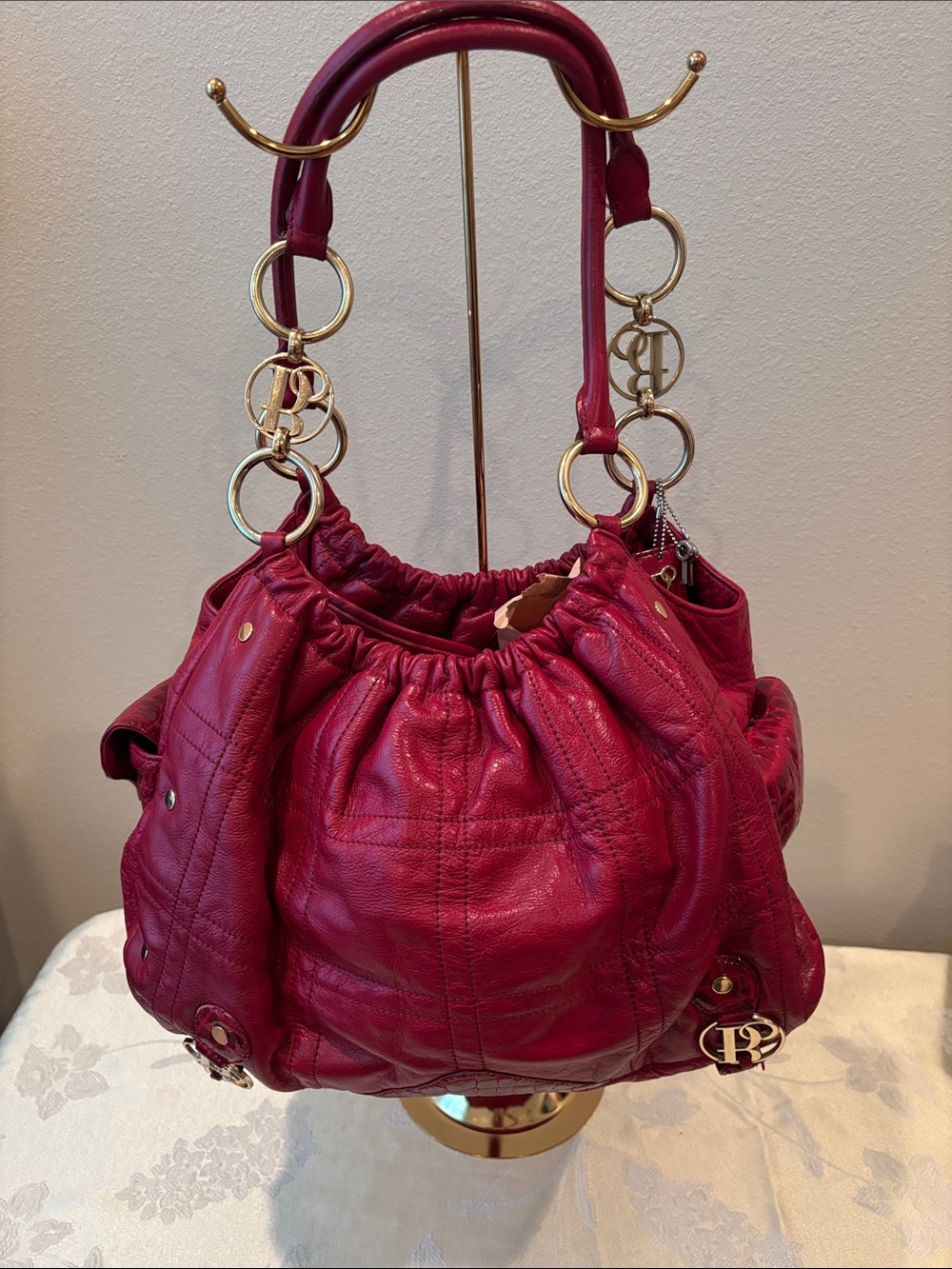 Bolzano Leather Burgundy Red Leather Shoulder Bag with Gold Ring Details/keys